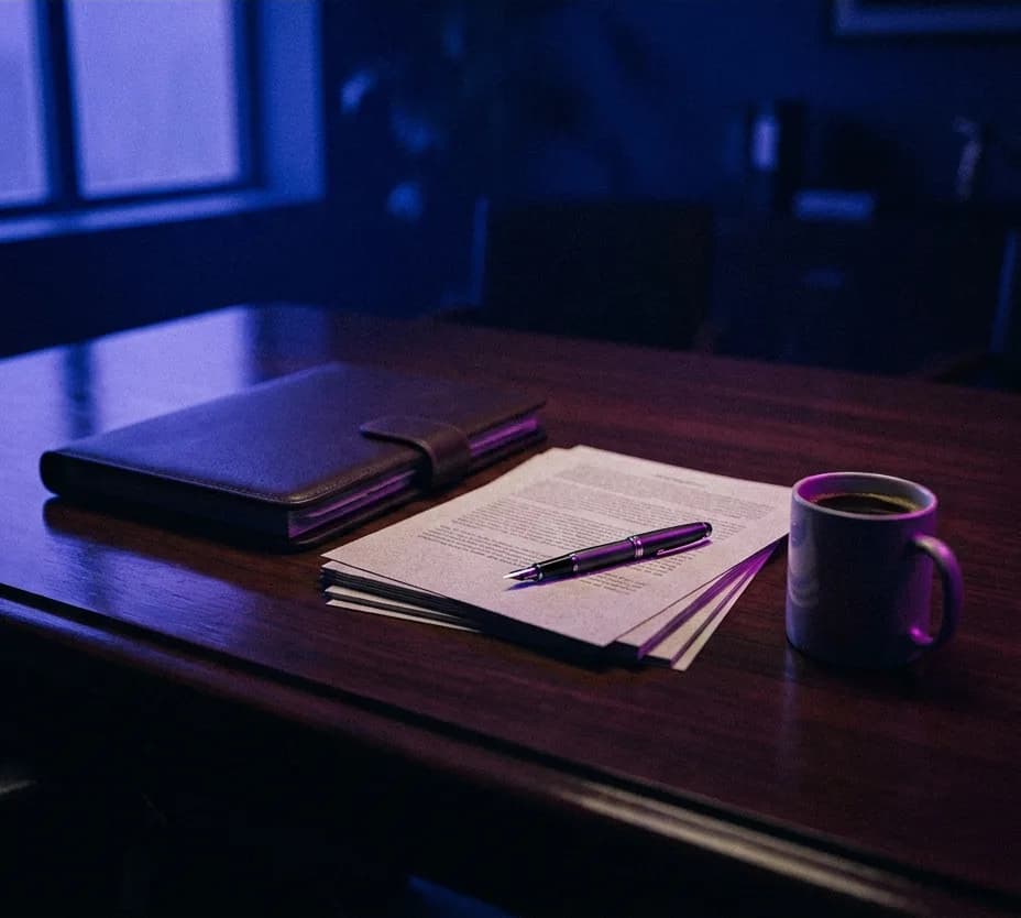 Mesa executiva à noite, com portfólio fechado, documento com caneta-tinteiro e café